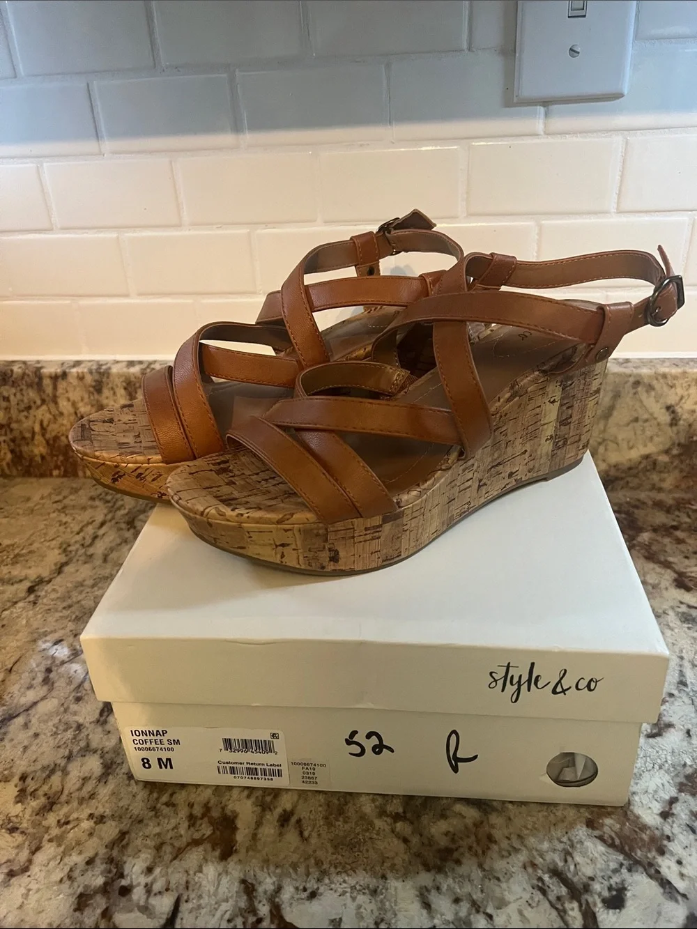 New in box! Style & Co. Brown Strappy Cork Wedge Sandals